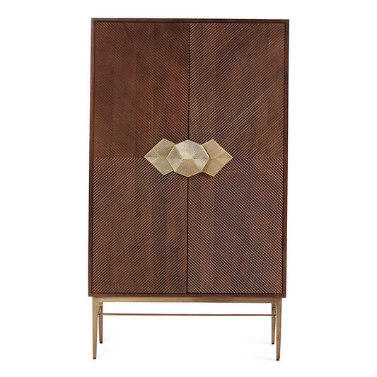 Neo-Classical Carved Wood Bar Cabinet, Luxury Brown Double-Door Storage Wardrobe