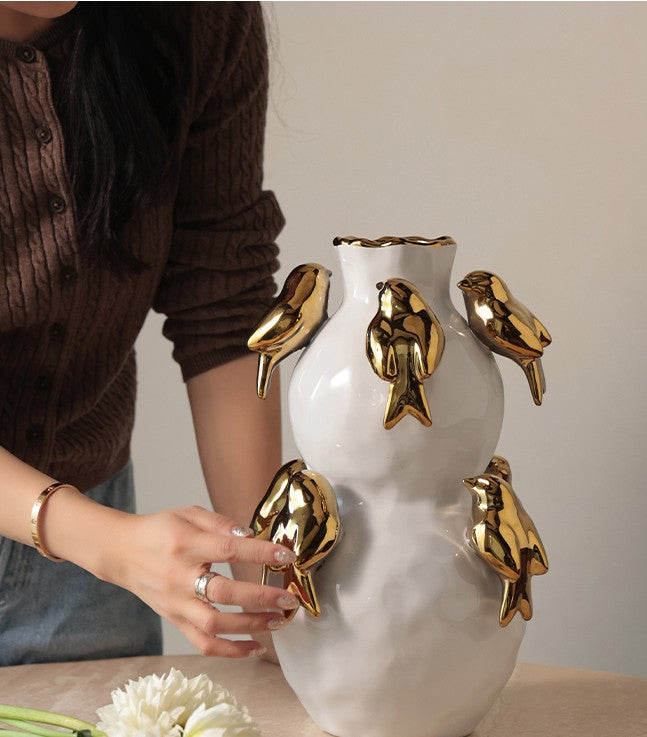 White Ceramic Vase with Gold Birds, Minimalist Art Flower Vessel with Gilt Bird Appliques, Modern Home Decor for Living Room & Entryway