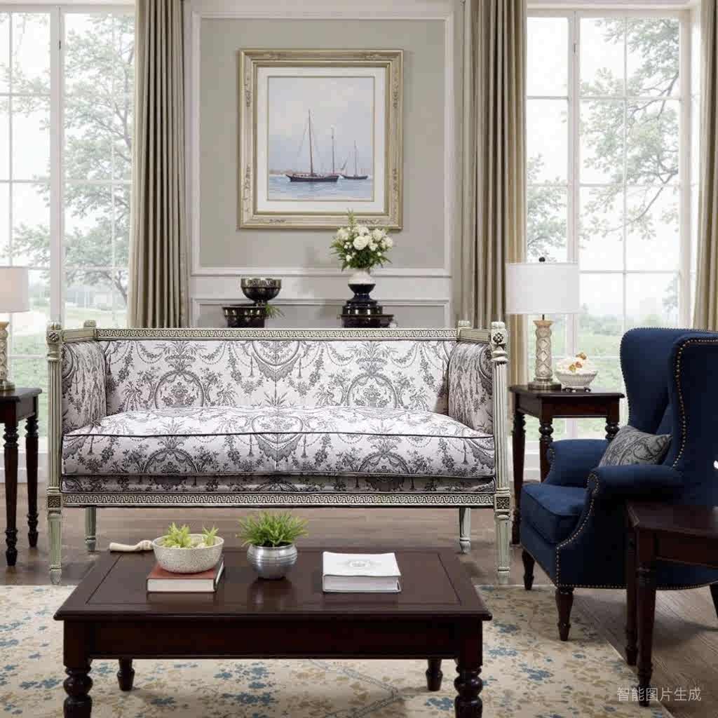 French Louis XVI Style Settee with Classical Toile Upholstery, Distressed Wood Frame Two-Seater Sofa with Carved Details, European Formal Living Room Furniture,
