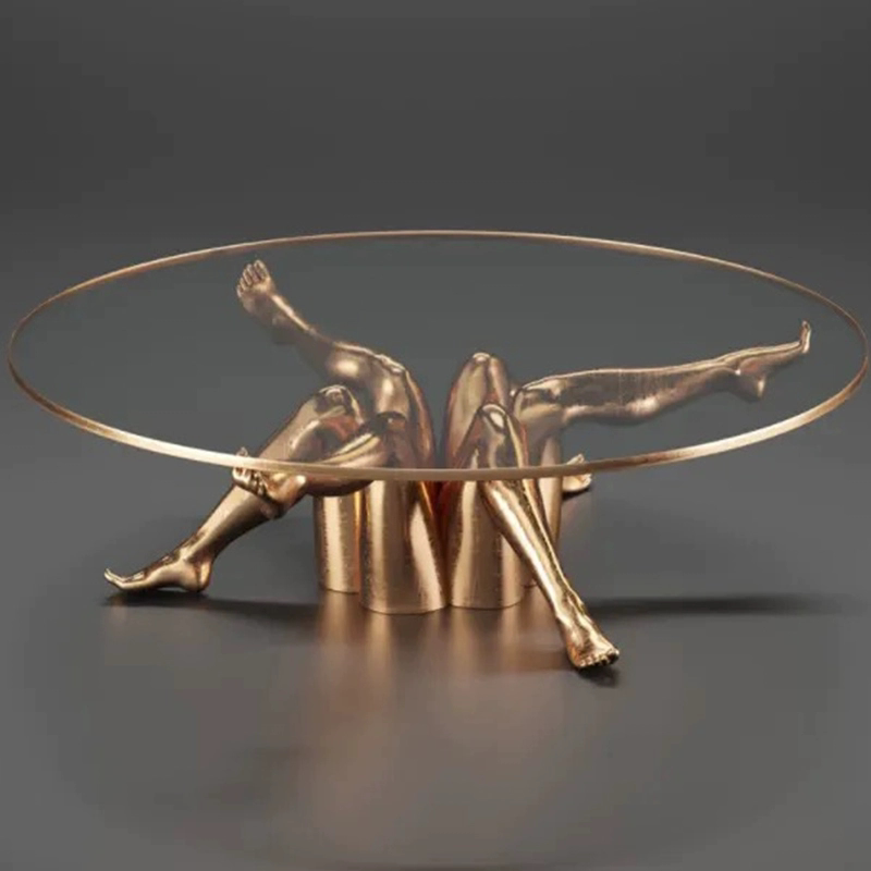 Designer Sculptural Leg Coffee Table – Luxury Gold Stainless Steel & Glass Art Furniture for Hotel Villa Living Room