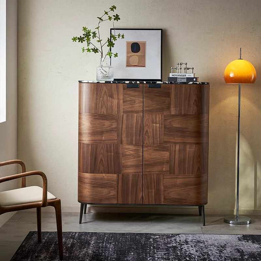 Modern Walnut Wood Parquet Pattern Storage Cabinet, Scandinavian Style Bar Cabinet with Geometric Veneer Design, Contemporary Living Room Sideboard,