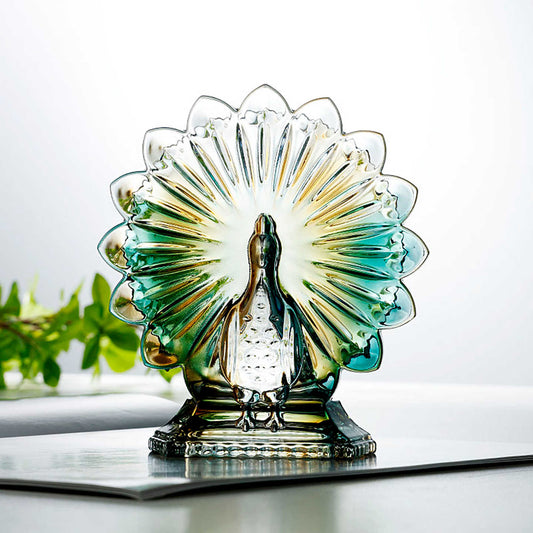 Peacock Crystal Glass Napkin Holder, Embossed Art Glass Tissue Box with Emerald & Gold Accents, Decorative Table Centerpiece Gift