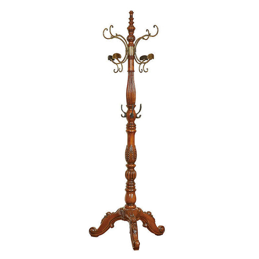 Elegant American Country Style Carved Wood Floor Coat Tree – Vintage Solid Wood Hall Tree with Ornate Base, Bedroom Standing Coat Rack