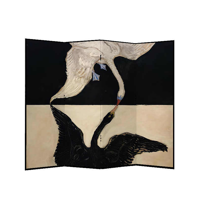 Art Deco Swan Kiss Folding Room Divider, Modern Vintage Four-Panel Metal Screen, Large Hand-Painted Movable Privacy Partition for Living Room, Bedroom, Studio