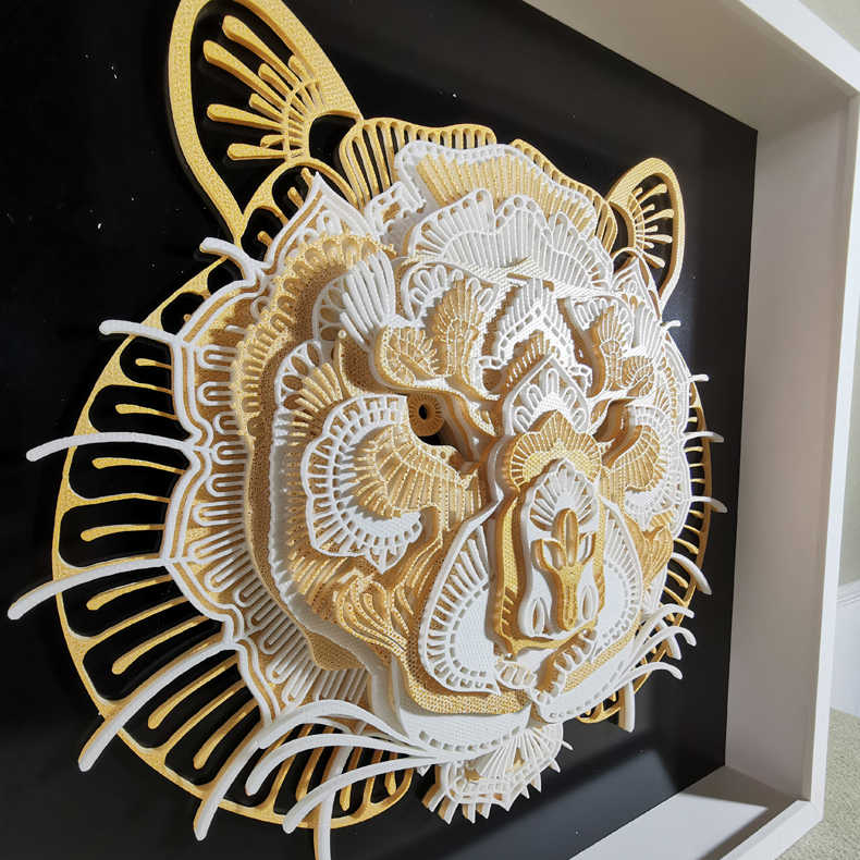 Tiger Head 3D Layered Wall Art – Modern Mandala Hotel Decor, Unique White Cartoon-Style Tiger Sculpture for Home, Guesthouse, Minimalist Accent