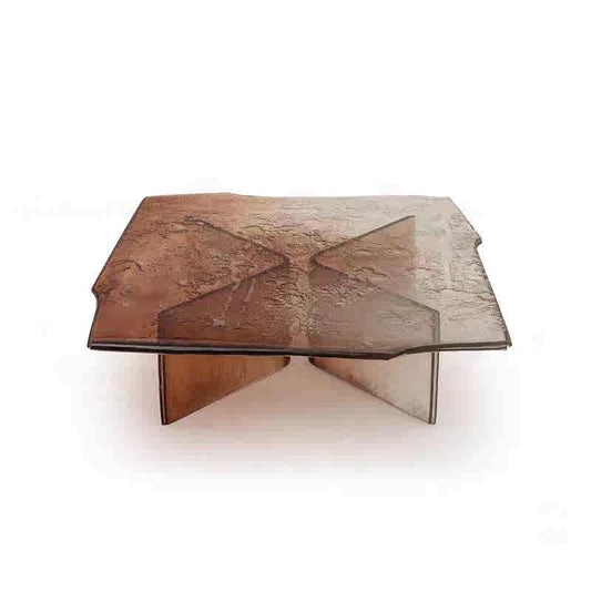 Designer Brown Acrylic Stone-Textured Coffee Table, Custom Modern Art Square Center Table, Luxury Transparent Acrylic Living Room Table