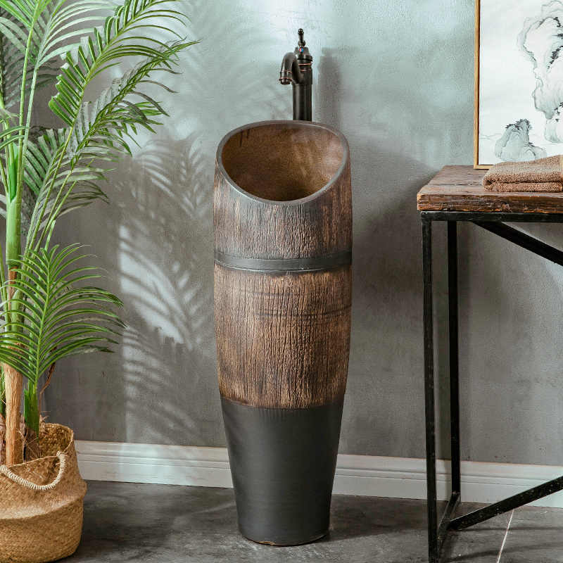 Compact Freestanding Pedestal Basin, Wood-Style Column Wash Basin for Small Balcony Outdoor Garden, Integrated Floor Standing Sink