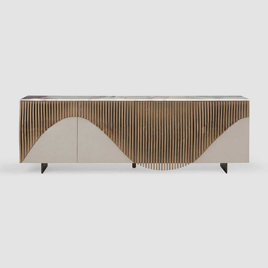 Luxury Solid Wood Buffet Sideboard, Modern Wave Pattern Storage Cabinet for Living Room Entryway Villa, Four-Door High-End Console