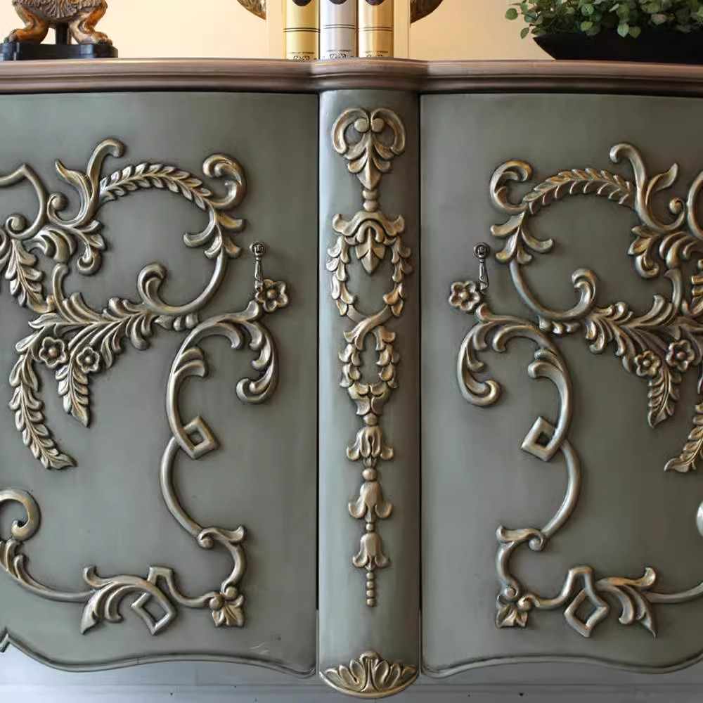 French Provincial Ornate Sideboard with Hand-Carved Relief Details, Vintage Gray-Green Console Cabinet with Curved Legs, Neoclassical Storage Buffet