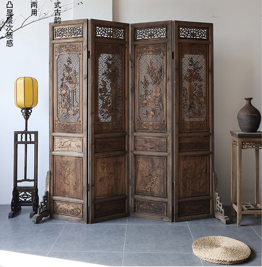 Vintage Solid Wood Folding Screen, Hand-Carved Room Divider with Hollow Floral Panels, Antique Style Movable Partition for Living Room, Entryway, Studio