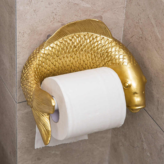 Golden Koi Fish Toilet Paper Holder, Feng Shui Bathroom Wall Mount with Detailed Scale Pattern, No-Drill Installation Creative Fish Design