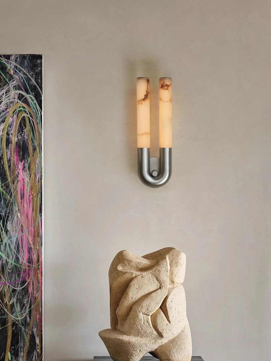 Vintage Brass Spanish Cloud Marble Wall Sconce, Luxury Hotel Bedroom Corridor Lighting with Natural Stone Tubes, Premium Villa Lobby Wall Lamp