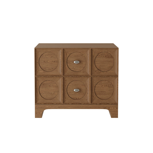 Modern Retro Solid Wood Bedside Storage Cabinet, Light Coffee Assembled Nightstand – Circle Carved Drawer Dresser, 6-Unit