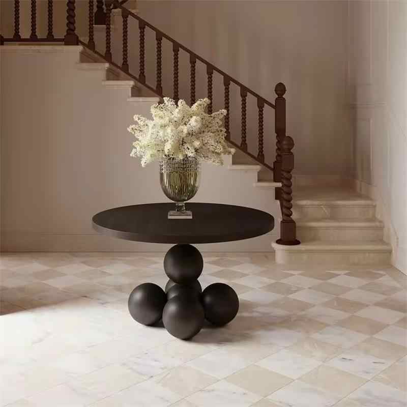 Modern Sphere Base Round Dining Table, Sculptural Solid Wood Minimalist Creative Retro Center Table for Living Room, Restaurant
