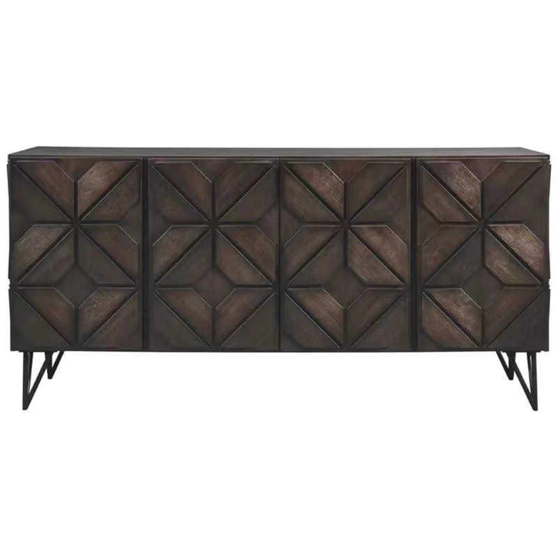 American Vintage Geometric TV Console with Diamond Pattern Relief & Hairpin Legs, Distressed Wood Entertainment Center