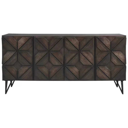 American Vintage Geometric TV Console with Diamond Pattern Relief & Hairpin Legs, Distressed Wood Entertainment Center