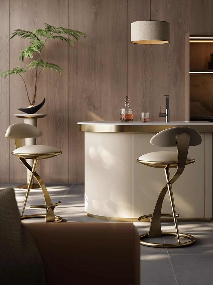 Modern Minimalist Genuine Leather Luxury Bar Stool, Designer Stainless Steel High Stool, Brushed Titanium Gold Finish