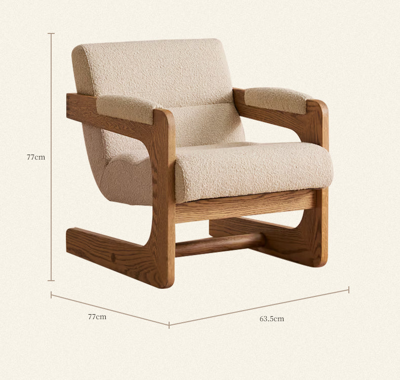 French Vintage Cream Bouclé Accent Chair with Oak Frame, Mid-Century Modern Designer Armchair for Small Spaces