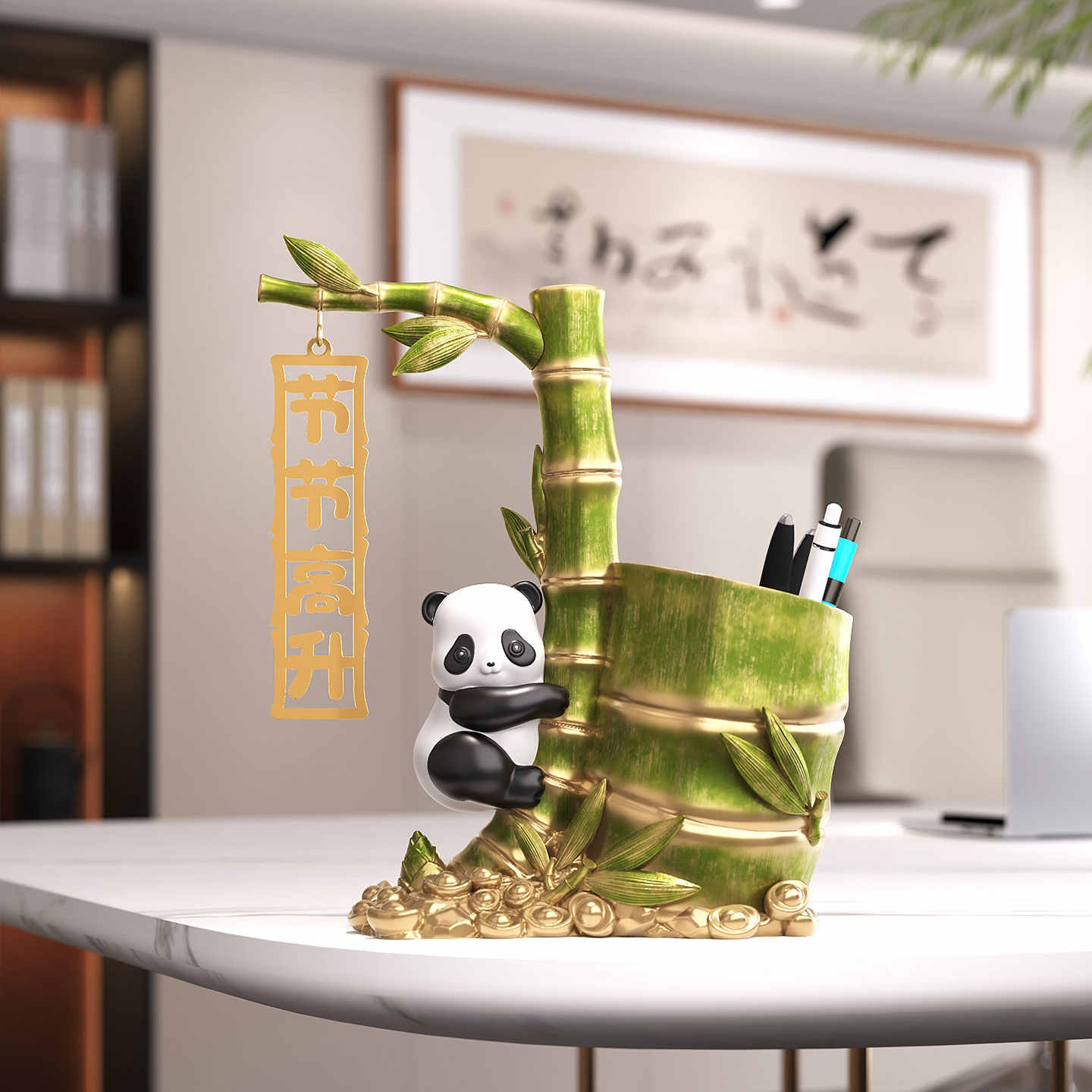 Panda Bamboo Pen Holder Desk Organizer, Cute Graduation Teacher Office Gift for Students, Workspace, Home Decor