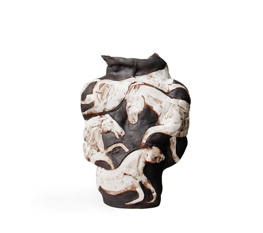 Modern Abstract Ceramic Flower Vase, Handcrafted Art Horse Relief Decorative Vessel for Entryway, Study, or Showroom