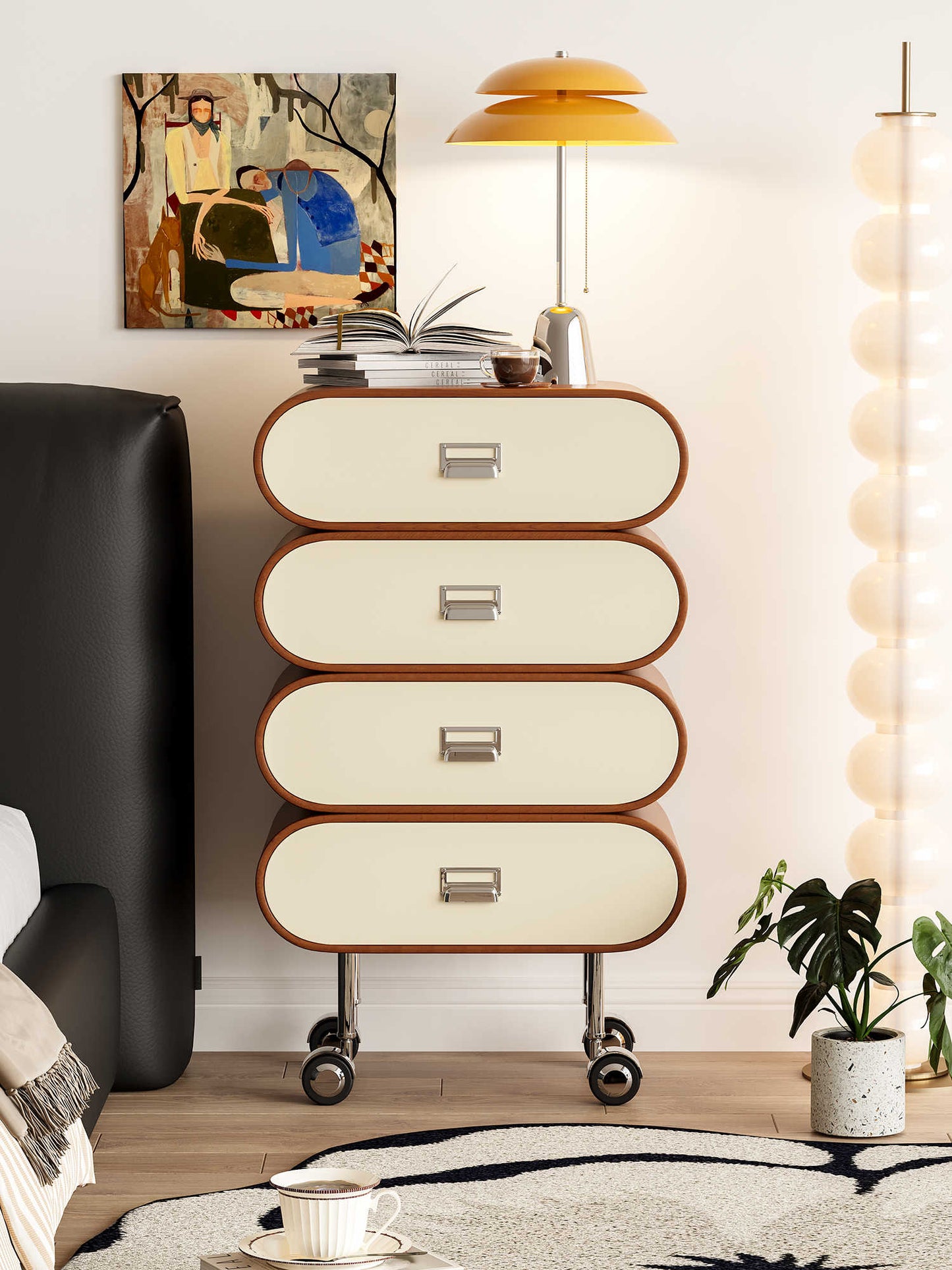 French Cream Oval Chest with Casters – Modern Mobile 4-Drawer Storage Cabinet, Two-Tone Walnut and White Accent Dresser for Small Spaces
