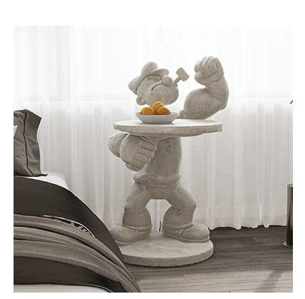 Popeye Sailor Man Sculptural Side Table, Creative Art Designer Resin Figure Accent Table, Modern Cartoon Character Coffee Table for Living Room, Light Gray