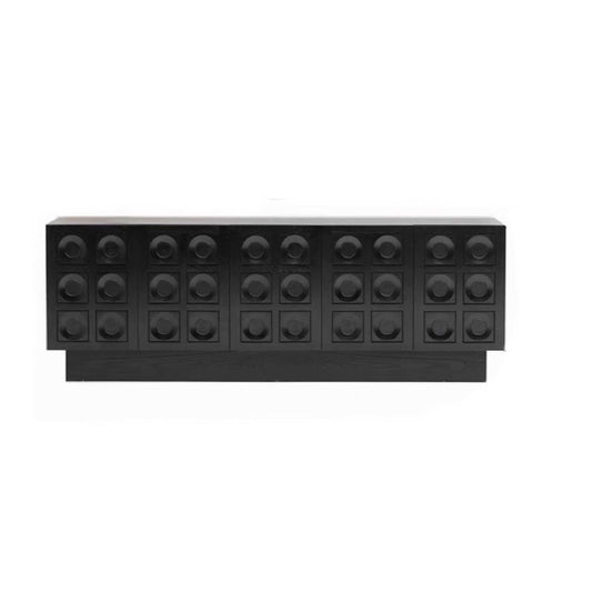 Italian Luxury Black Brutalist Sideboard Cabinet – Modern Geometric Circle Pattern Relief Console, Premium Statement Storage for Villa Living Room and Entryway