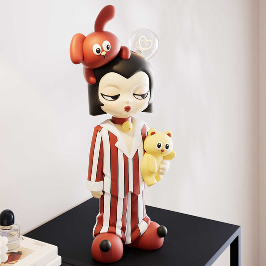 Large Red Sleepy Girl Resin Sculpture Table Lamp, Modern Cartoon Decorative Figurine, Trendy Entrance TV Cabinet Display, Ambient Floor Art for Living Room Streamer Setup