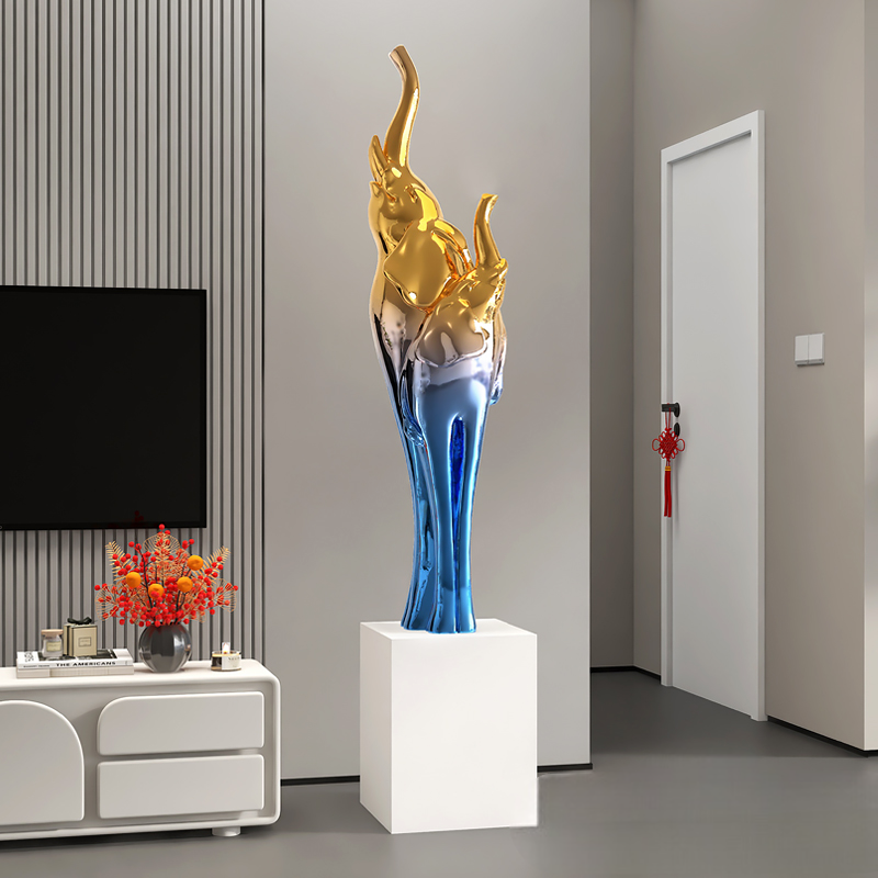 Large Modern Blue-Gold Elephant Floor Sculpture – High-End Abstract Resin Art Lamp for Living Room, Foyer, or Luxury Décor