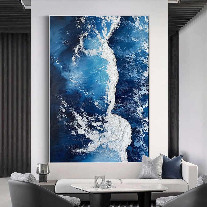 Modern Minimalist Deep Blue Abstract Ocean Waves Textured Hand-Painted Canvas Wall Art with Black Aluminum Frame, Living Room Sofa & Entryway Decor