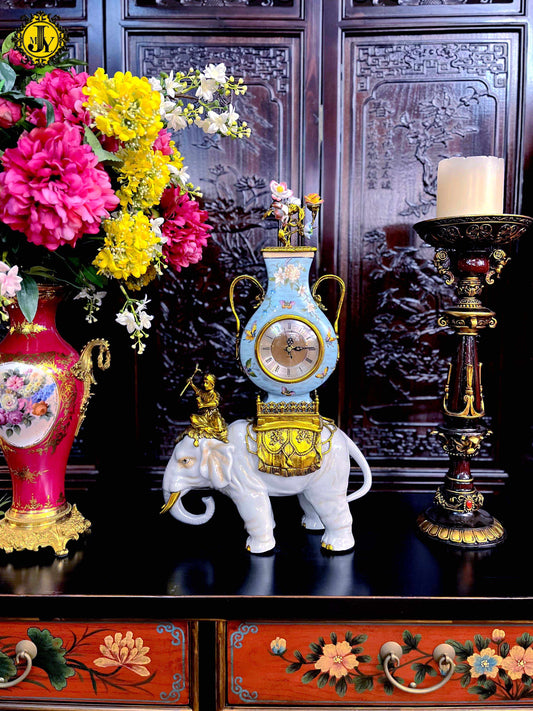 Luxury Palace Hand-Painted Porcelain & Bronze Elephant Clock, Vintage Entrance Villa Decorative Art