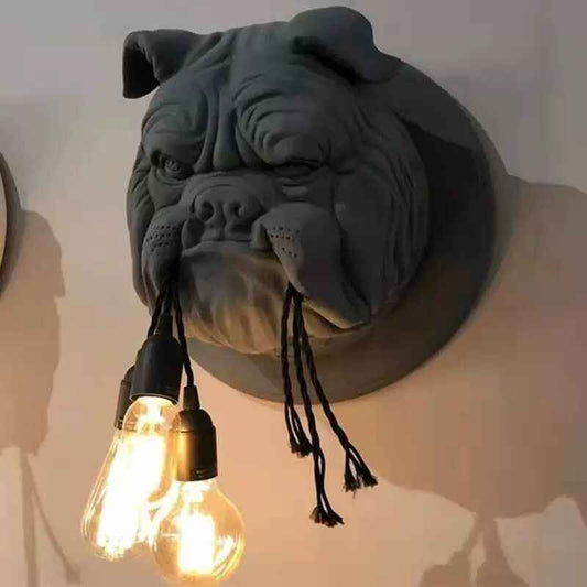 Bulldog Wall Sconce Light Fixture, Creative Nordic Style Resin Dog Head with Hanging Bulbs, Industrial Animal Wall Lamp for Living Room & Bar