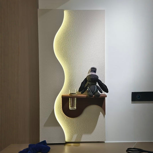 Oversized Modern Cream Sandstone 3D Wall Art with Glass Vase and LED Lighting, Entryway Living Room Decorative Painting, Plant-Inspired Relief