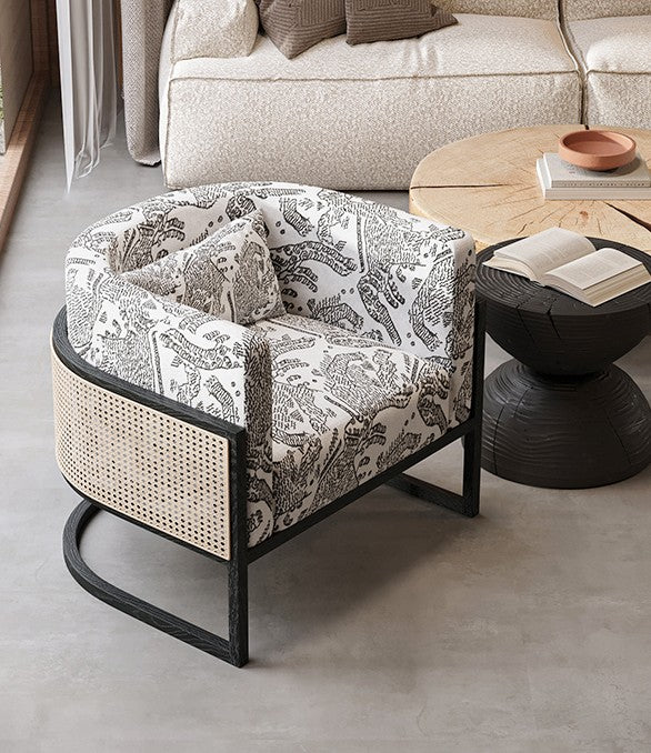 Modern Tiger Line Art Accent Chair, Solid Wood and Rattan Lounge Armchair, Minimalist Reading Chair for Living Room, Balcony, or Bedroom (Mid-Tone Oak)