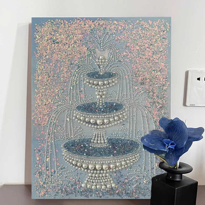 Modern Minimalist Pearl Fountain Wall Art – Unique Abstract Living Room, Hallway, and Entryway Decorative Painting, Handmade Matte Micro-Spray with Black Aluminum Frame