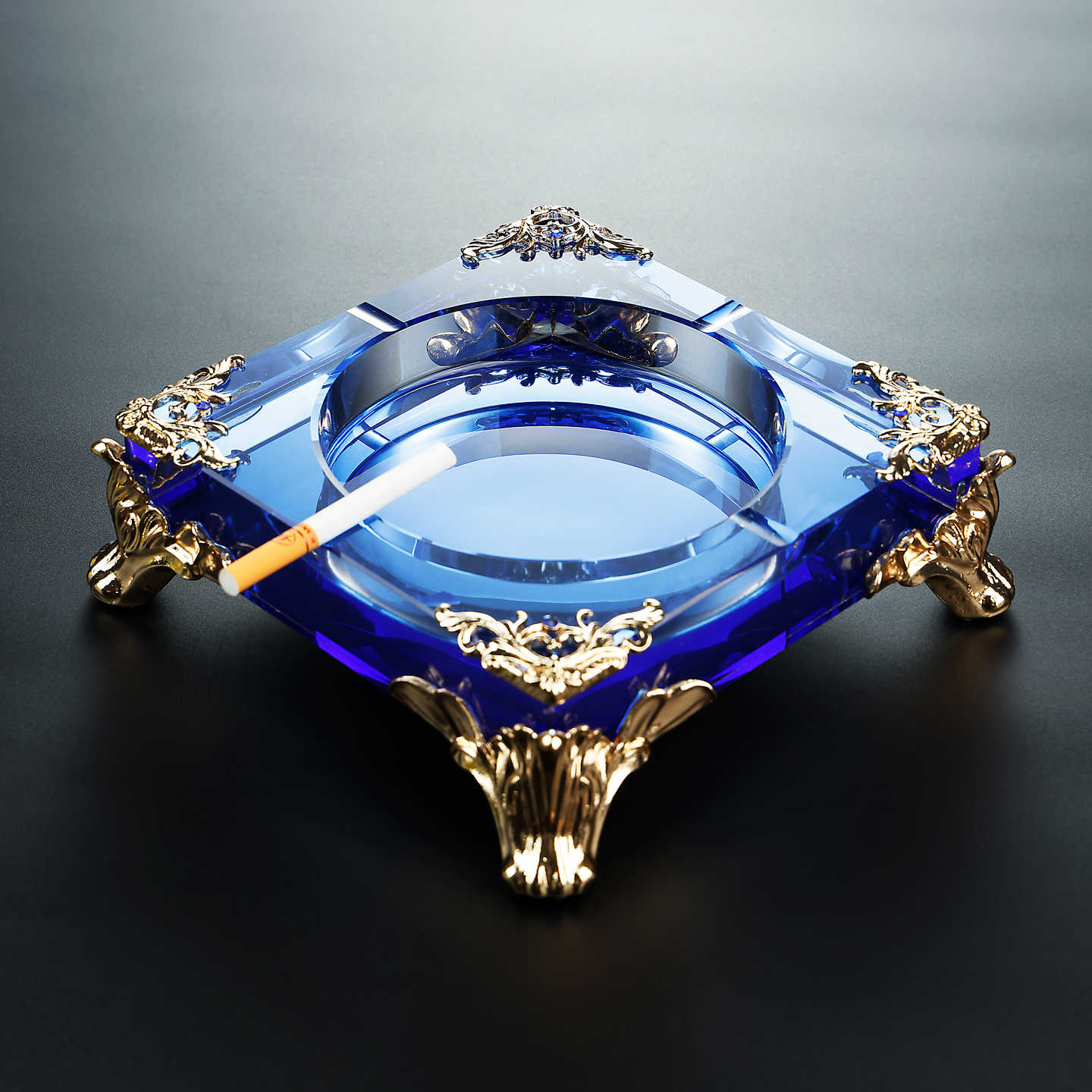 Luxury Sapphire Blue Crystal Glass Ashtray with Gold Ornate Feet, Large Square Commercial Ashtray for Office Bar Restaurant, Premium Heavy-Duty