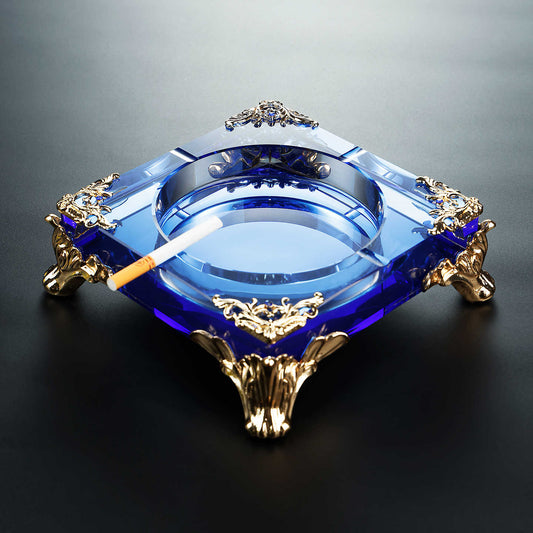 Luxury Sapphire Blue Crystal Glass Ashtray with Gold Ornate Feet, Large Square Commercial Ashtray for Office Bar Restaurant, Premium Heavy-Duty