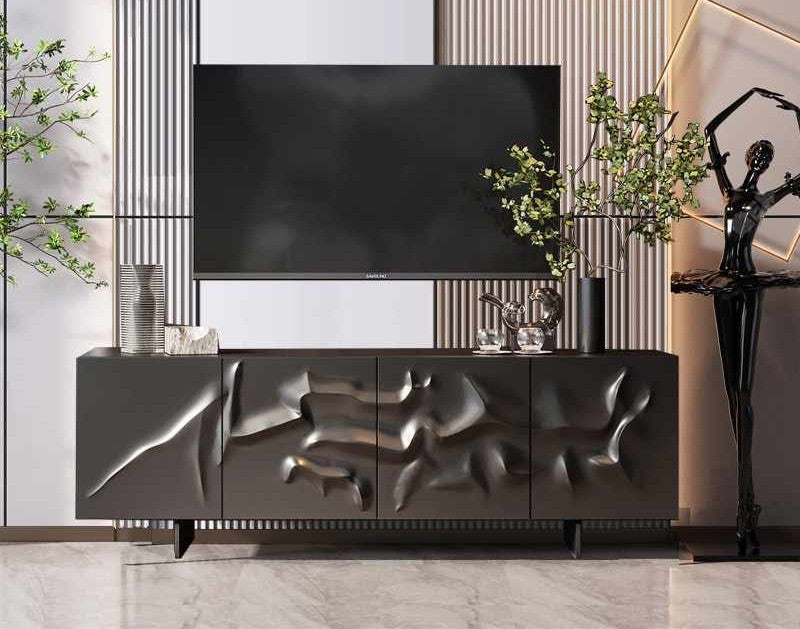 Italian Minimalist Luxury Entryway Console Cabinet – Modern Sculptural TV Stand with Relief Doors, Designer Sideboard for Living Room, Dining Room, or Foyer
