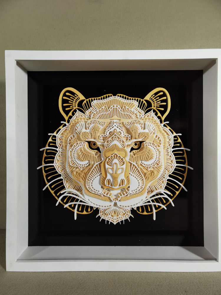Tiger Head 3D Layered Wall Art – Modern Mandala Hotel Decor, Unique White Cartoon-Style Tiger Sculpture for Home, Guesthouse, Minimalist Accent