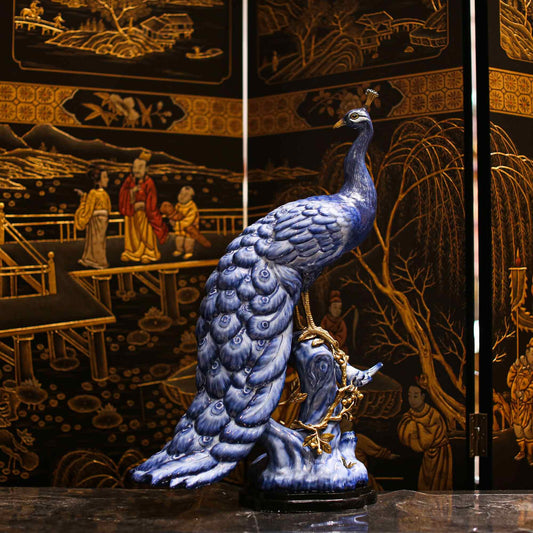 Museum-Quality Blue Ceramic Peacock Sculpture – Traditional Porcelain with Gilded Bronze Accents, Luxury Oriental Art Statement Piece