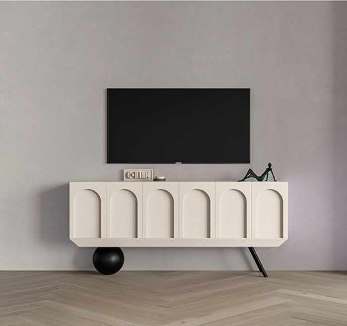 Italian Minimalist Arch Pattern Floating Sideboard – Wabi-Sabi Six-Door White Console Cabinet, Modern Entryway Storage Credenza, Designer Statement Accent Furniture