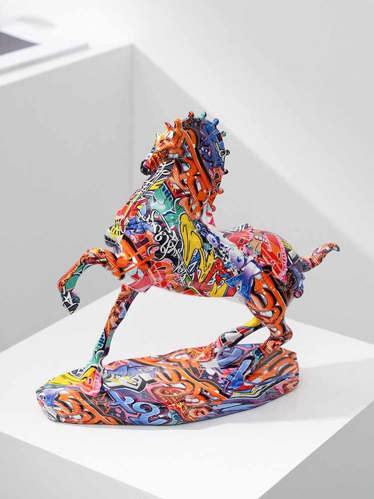 Graffiti Street Art Rearing Horse Sculpture, Modern Colorful Pop Art Desktop Decoration for Success Symbolism