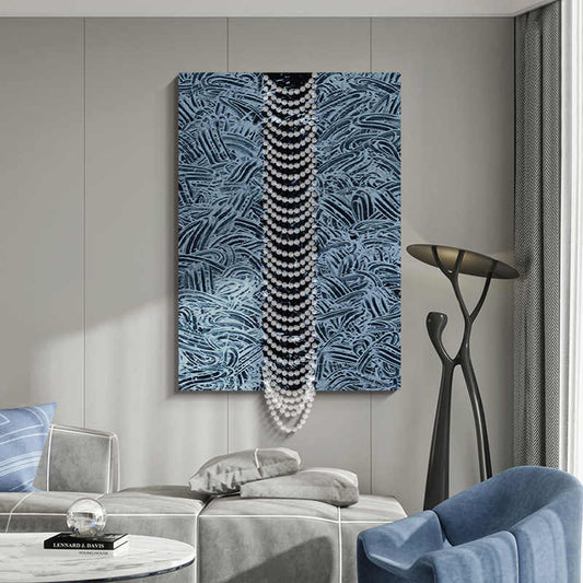 Modern Luxury 3D Abstract Crystal Pearl Wall Art – Hand-Painted Textured Oil Painting with Vertical Bead Cascade, Frameless