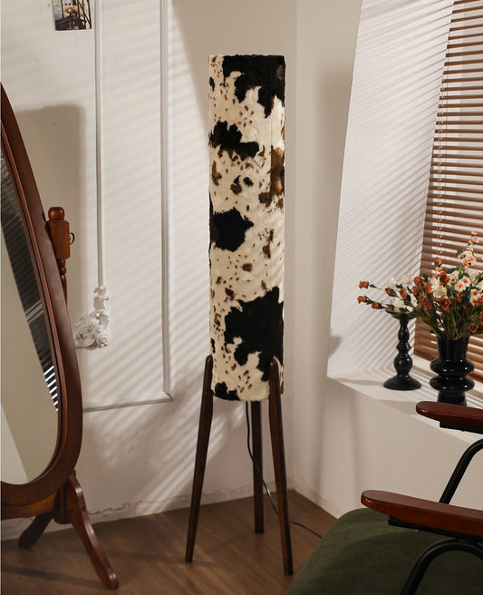 Retro Faux Cowhide Floor Lamp, Vintage Walnut Base Standing Light, Designer Plush Fabric Shade for Living Room, Sofa Side, Bedroom Ambiance