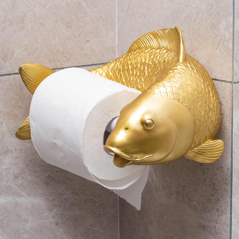 Golden Koi Fish Toilet Paper Holder, Feng Shui Bathroom Wall Mount with Detailed Scale Pattern, No-Drill Installation Creative Fish Design
