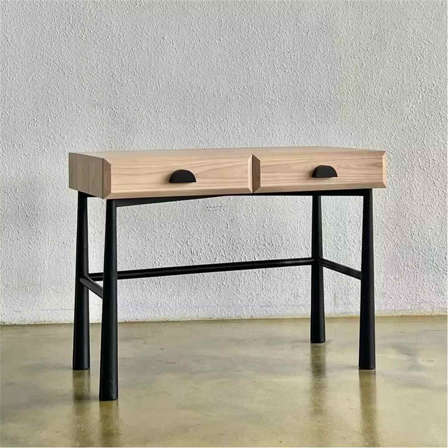 Retro Solid Wood Designer Vanity Desk, Minimalist Vintage Dressing Table with Double Drawer, Bedroom Makeup Console