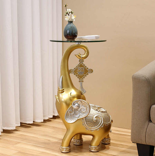 Large Luxury Golden Elephant Side Table, Artistic Home Decor Accent, Resin Sofa End Table with Glass Top for Living Room, TV Cabinet, Housewarming Gift