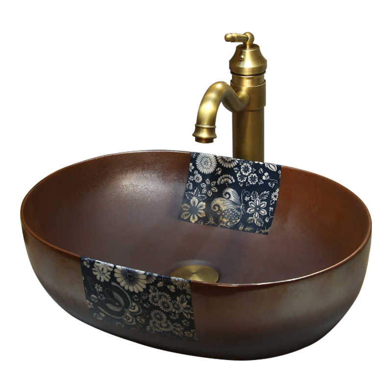 Antique Blue Floral Ceramic Oval Vessel Sink – Vintage Farmhouse Countertop Basin, Jingdezhen Art Wash Bowl for Bathroom, Balcony, B&B