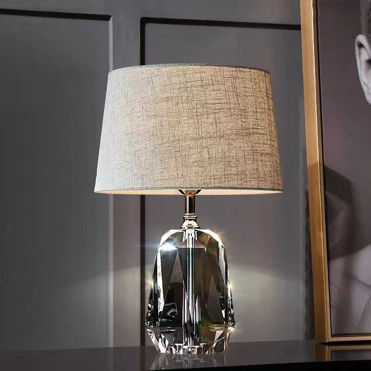 American Luxury K9 Crystal Table Lamp with Linen Shade, Modern Minimalist Designer Lighting for Living Room & Bedroom, Hotel Style
