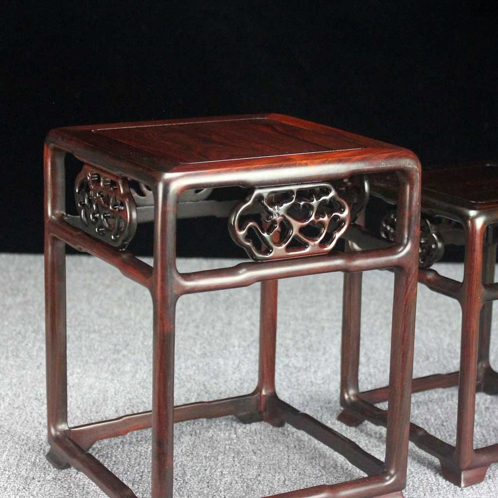 Set of 2 Rosewood Plant Stands, Small Square Pedestal Tables with Hand-Carved Motifs, Solid Wood Bonsai Display Rack
